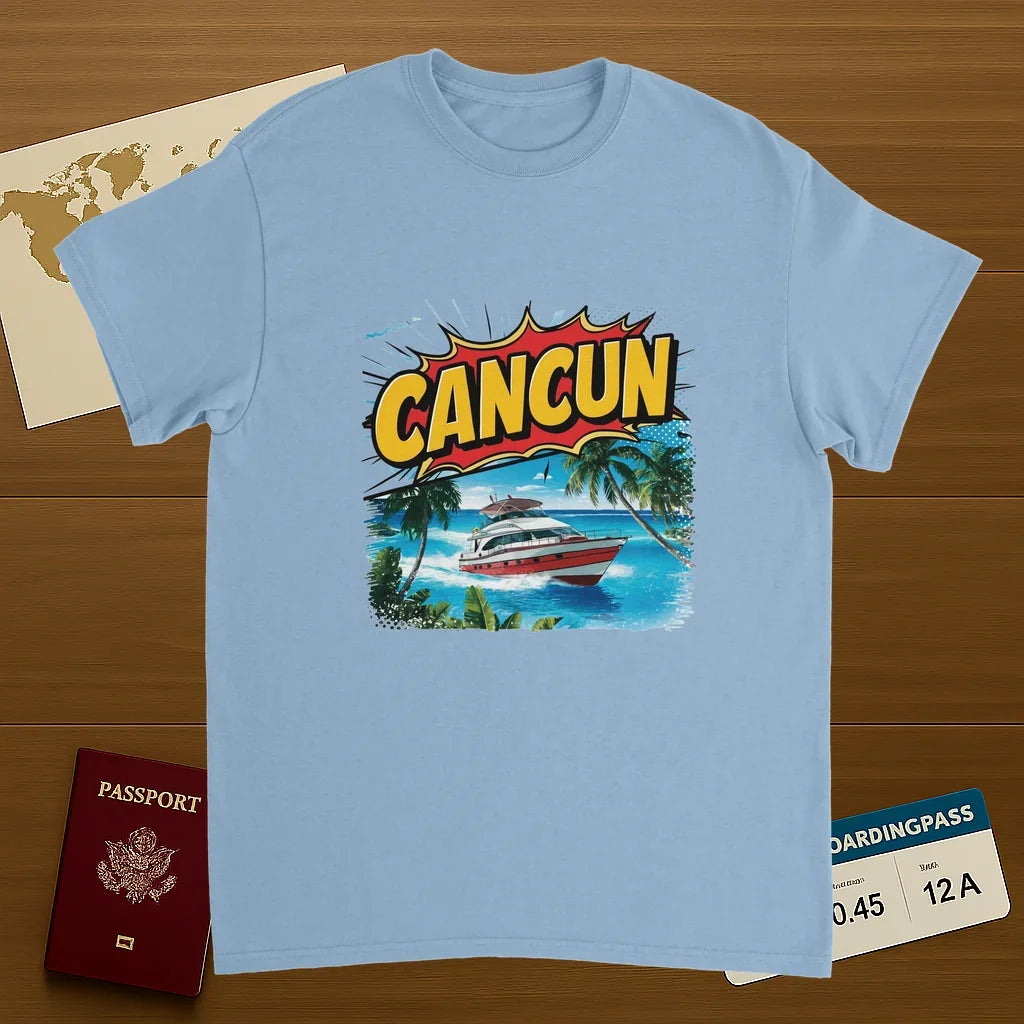 light blue Cancún Mexico Unisex Travel T-Shirt on wooden background with world map, passport, and boarding pass