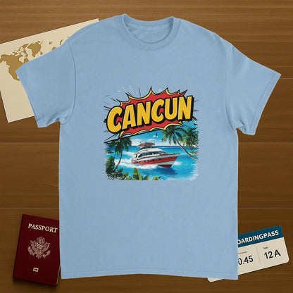 light blue Cancún Mexico Unisex Travel T-Shirt on wooden background with world map, passport, and boarding pass