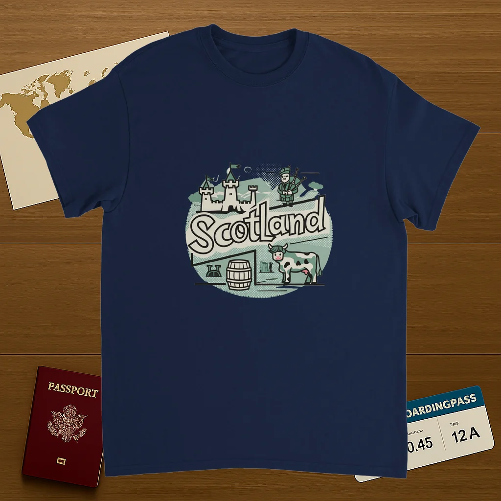 navy Scotland Unisex Travel T-Shirt on wooden background with world map, passport, and boarding pass