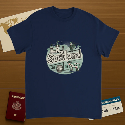 navy Scotland Unisex Travel T-Shirt on wooden background with world map, passport, and boarding pass