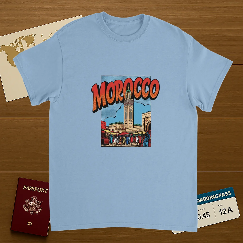 light blue Morocco Unisex Travel T-Shirt on wooden background with world map, passport, and boarding pass