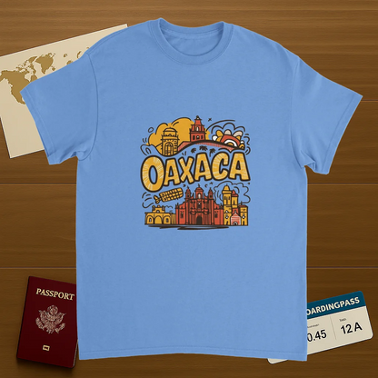 carolina blue Oaxaca Mexico Unisex Travel T-Shirt on wooden background with world map, passport, and boarding pass