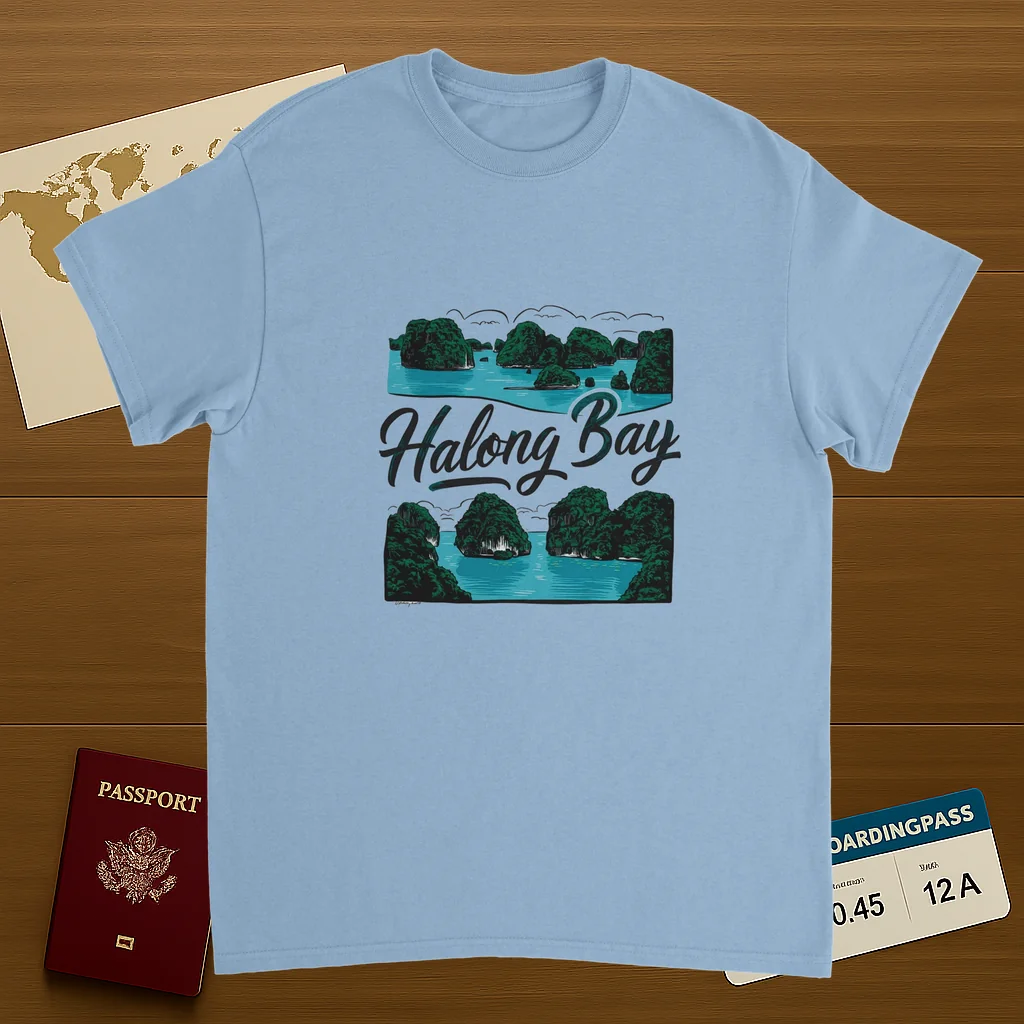 light blue Halong Bay Vietnam Unisex Travel T-Shirt on wooden background with world map, passport, and boarding pass