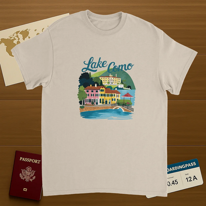 Lake Como Italy Unisex Travel T-Shirt on wooden background with world map, passport, and boarding pass