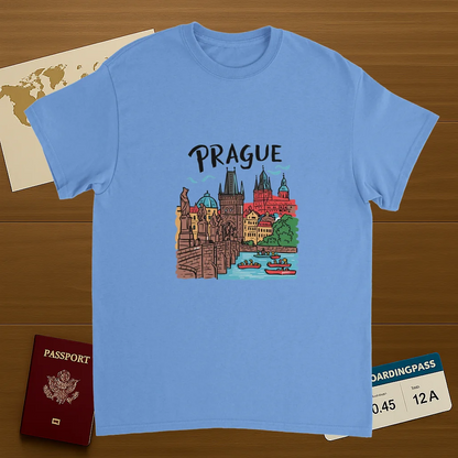 carolina blue Prague Czechia Unisex Travel T-Shirt on wooden background with world map, passport, and boarding pass