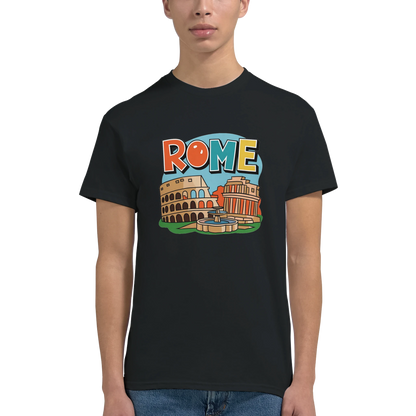 Rome Italy Unisex Travel T-Shirt on wooden background with world map, passport, and boarding pass