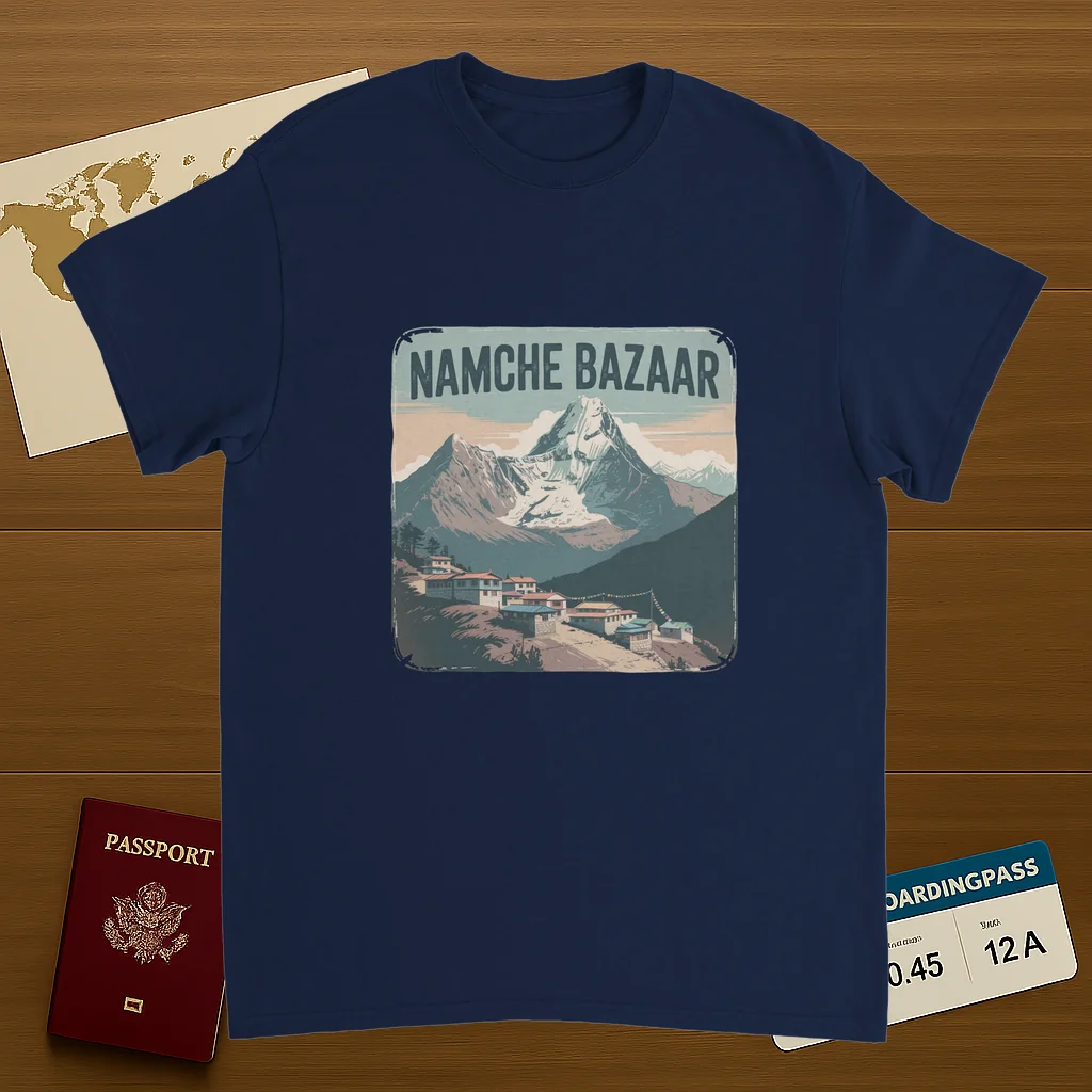navy Namche Bazaar Nepal Unisex Travel T-Shirt on wooden background with world map, passport, and boarding pass
