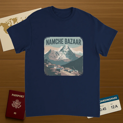 navy Namche Bazaar Nepal Unisex Travel T-Shirt on wooden background with world map, passport, and boarding pass