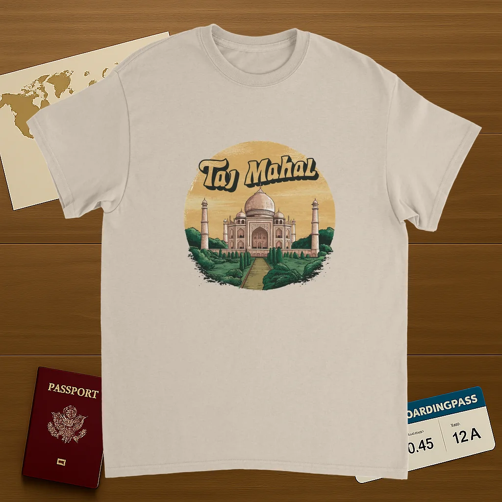Taj Mahal Agra India Unisex Travel T-Shirt on wooden background with world map, passport, and boarding pass