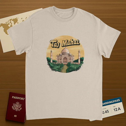Taj Mahal Agra India Unisex Travel T-Shirt on wooden background with world map, passport, and boarding pass