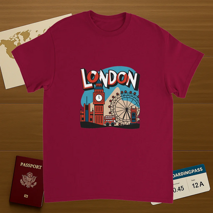 cardinal red London England Unisex Travel T-Shirt on wooden background with world map, passport, and boarding pass