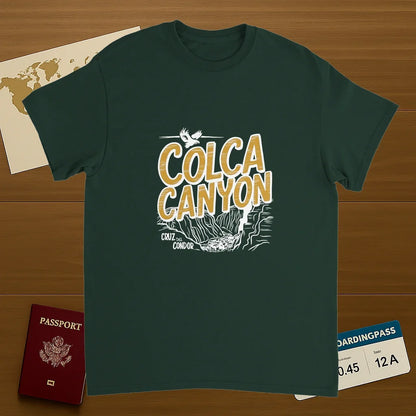 forest green Colca Canyon Peru Unisex Travel T-Shirt on wooden background with world map, passport, and boarding pass