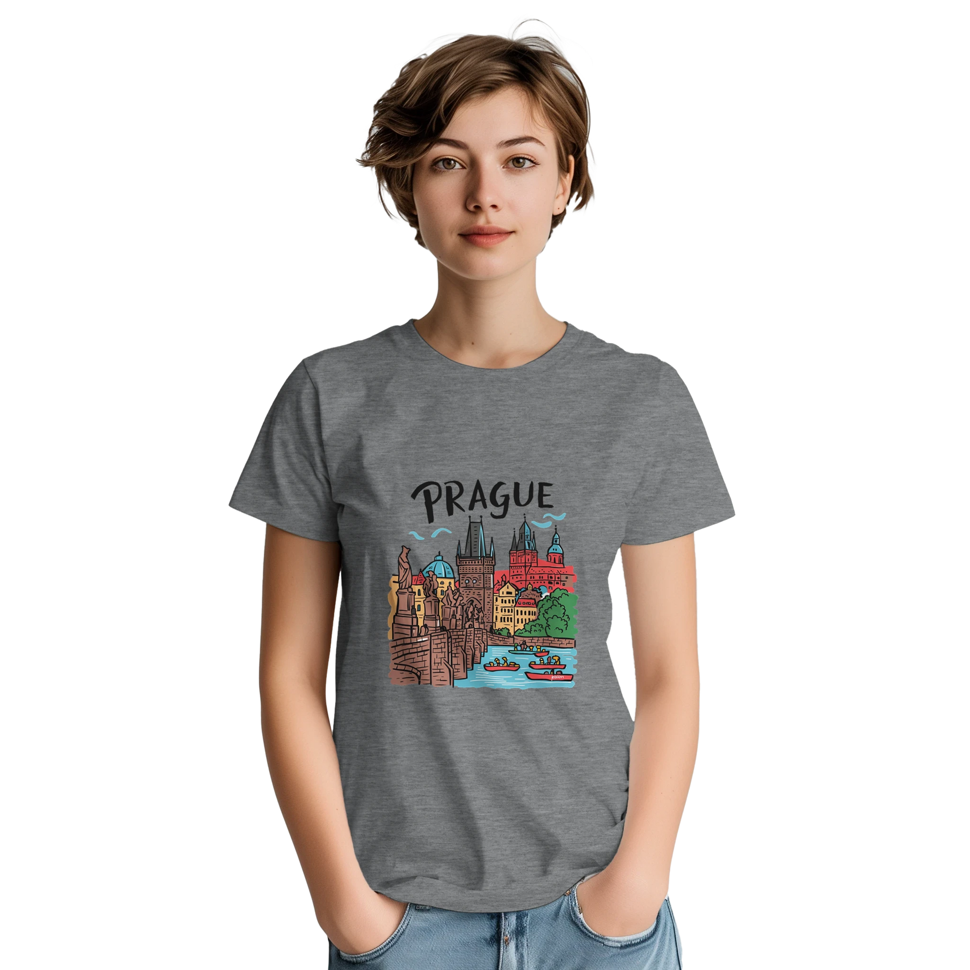 Prague Czechia Unisex Travel T-Shirt on wooden background with world map, passport, and boarding pass
