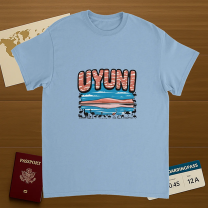 light blue Uyuni Bolivia Unisex Travel T-Shirt on wooden background with world map, passport, and boarding pass