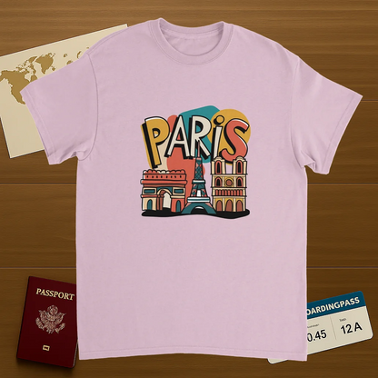 light pink Paris France Unisex Travel T-Shirt on wooden background with world map, passport, and boarding pass