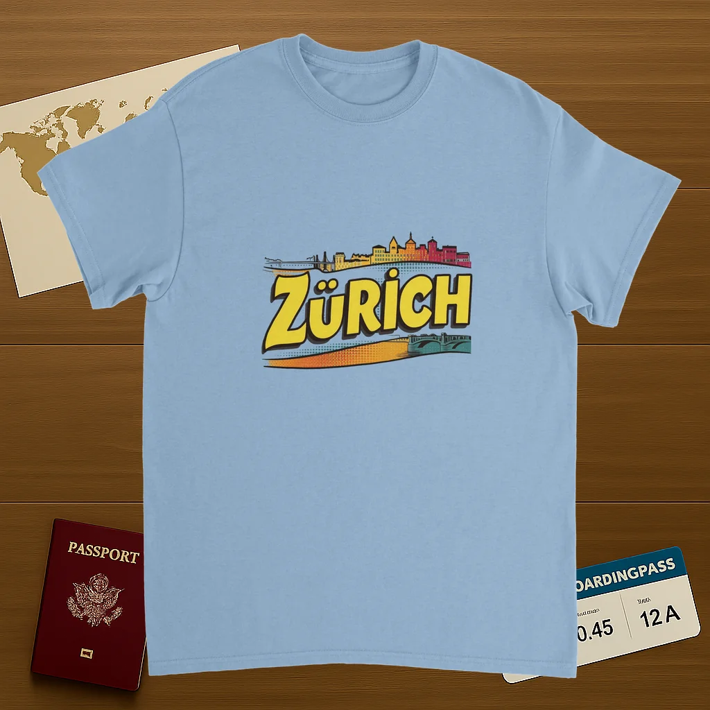light blue Zurich Switzerland Unisex Travel T-Shirt on wooden background with world map, passport, and boarding pass