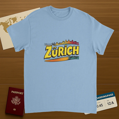 light blue Zurich Switzerland Unisex Travel T-Shirt on wooden background with world map, passport, and boarding pass