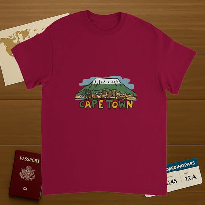 cardinal red Cape Town South Africa Unisex Travel T-Shirt on wooden background with world map, passport, and boarding pass