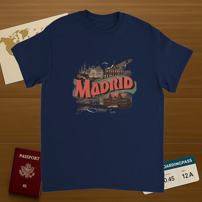 navy Madrid Spain Unisex Travel T-Shirt on wooden background with world map, passport, and boarding pass