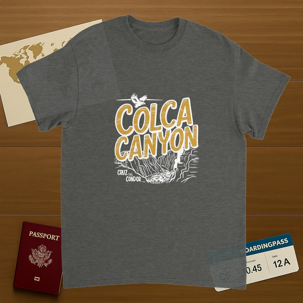 Colca Canyon Peru Unisex Travel T-Shirt on wooden background with world map, passport, and boarding pass