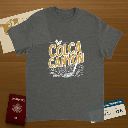 Colca Canyon Peru Unisex Travel T-Shirt on wooden background with world map, passport, and boarding pass