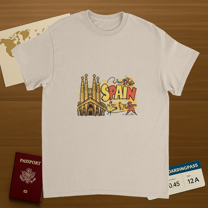 Spain Unisex Travel T-Shirt on wooden background with world map, passport, and boarding pass