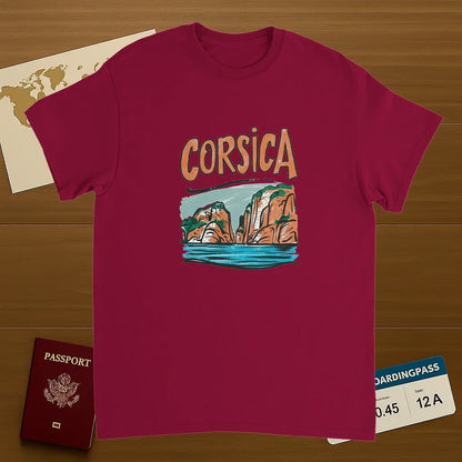 cardinal red Corsica Unisex Travel T-Shirt on wooden background with world map, passport, and boarding pass