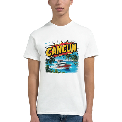 Cancún Mexico Unisex Travel T-Shirt on wooden background with world map, passport, and boarding pass