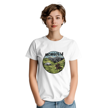 Mongolia Unisex Travel T-Shirt on wooden background with world map, passport, and boarding pass