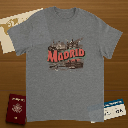 sport grey Madrid Spain Unisex Travel T-Shirt on wooden background with world map, passport, and boarding pass
