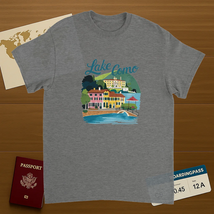 sport grey Lake Como Italy Unisex Travel T-Shirt on wooden background with world map, passport, and boarding pass
