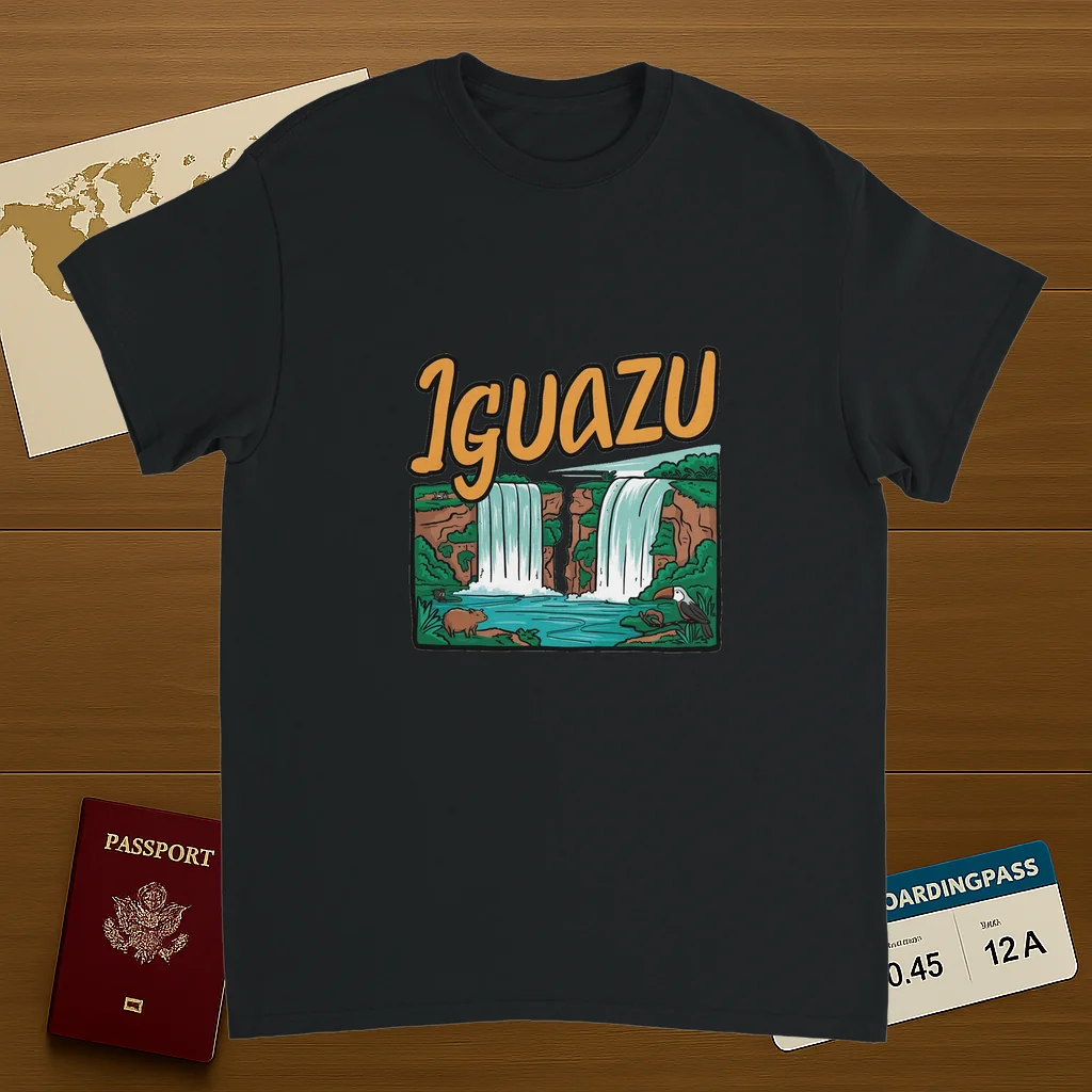 black Iguazu Falls Unisex Travel T-Shirt on wooden background with world map, passport, and boarding pass