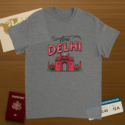 sport grey New Delhi India Unisex Travel T-Shirt on wooden background with world map, passport, and boarding pass