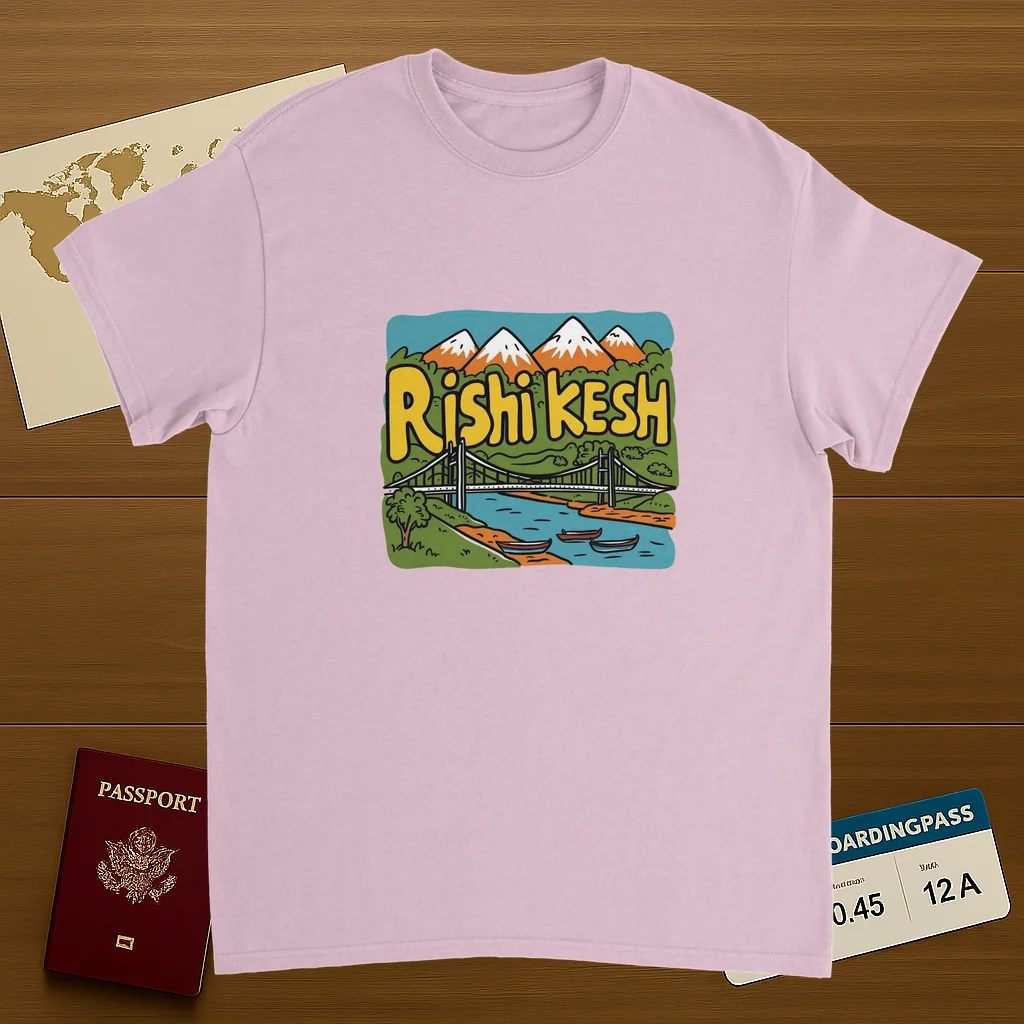 light pink Rishikesh India Unisex Travel T-Shirt on wooden background with world map, passport, and boarding pass