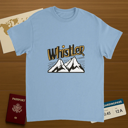 light blue Whistler Canada Unisex Travel T-Shirt on wooden background with world map, passport, and boarding pass