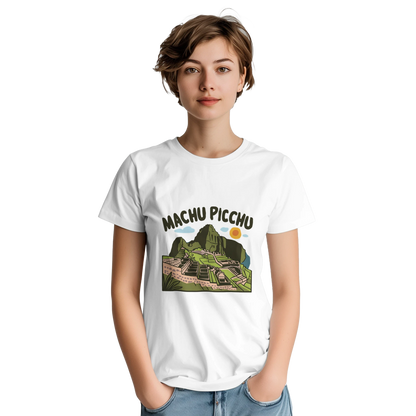 Machu Picchu Unisex Travel T-Shirt on wooden background with world map, passport, and boarding pass