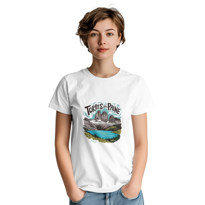Torres del Paine Chile Unisex Travel T-Shirt on wooden background with world map, passport, and boarding pass