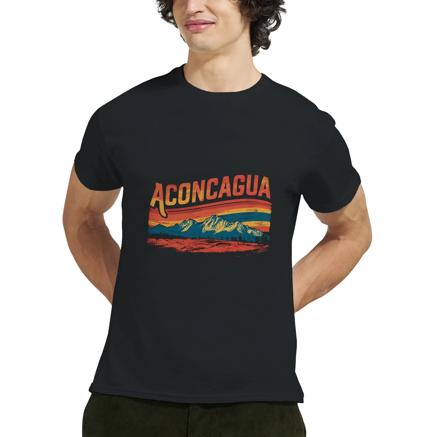Aconcagua Argentina Unisex Travel T-Shirt featuring a man
