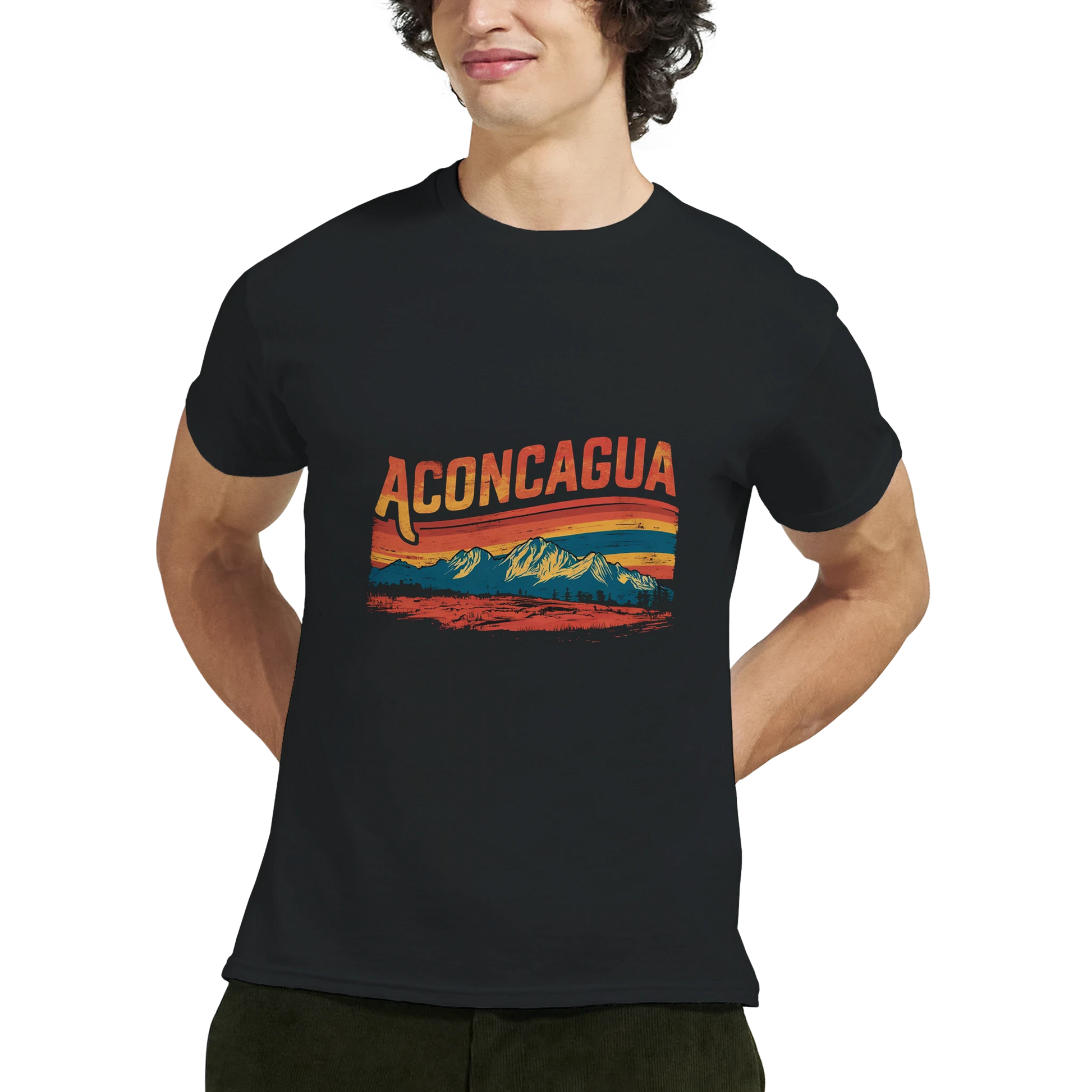 Aconcagua Argentina Unisex Travel T-Shirt featuring a man