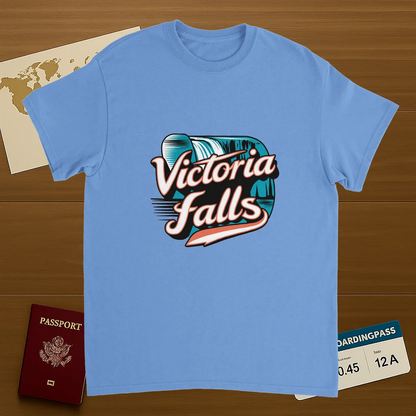 carolina blue Victoria Falls Unisex Travel T-Shirt on wooden background with world map, passport, and boarding pass