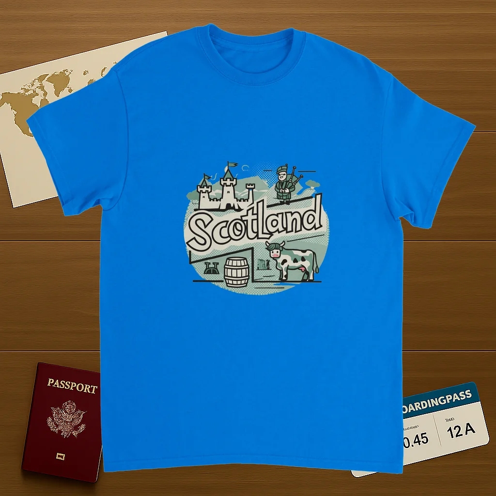 royal blue Scotland Unisex Travel T-Shirt on wooden background with world map, passport, and boarding pass