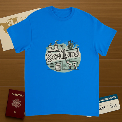 royal blue Scotland Unisex Travel T-Shirt on wooden background with world map, passport, and boarding pass