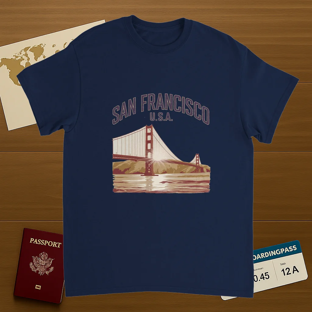 navy San Francisco USA Unisex Travel T-Shirt on wooden background with world map, passport, and boarding pass