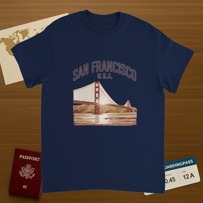 navy San Francisco USA Unisex Travel T-Shirt on wooden background with world map, passport, and boarding pass