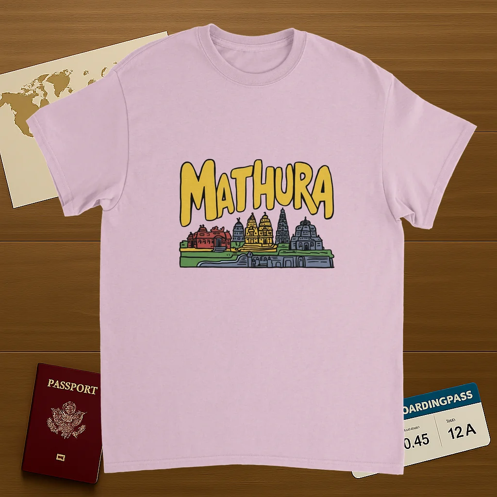 light pink Mathura India Unisex Travel T-Shirt on wooden background with world map, passport, and boarding pass