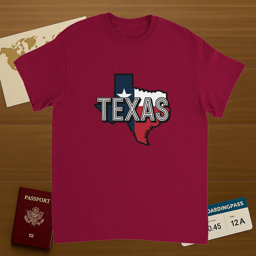 cardinal red Texas USA Unisex Travel T-Shirt on wooden background with world map, passport, and boarding pass