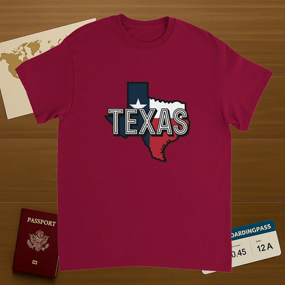cardinal red Texas USA Unisex Travel T-Shirt on wooden background with world map, passport, and boarding pass