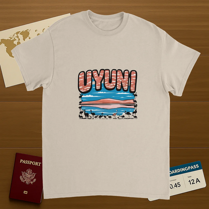 Uyuni Bolivia Unisex Travel T-Shirt on wooden background with world map, passport, and boarding pass