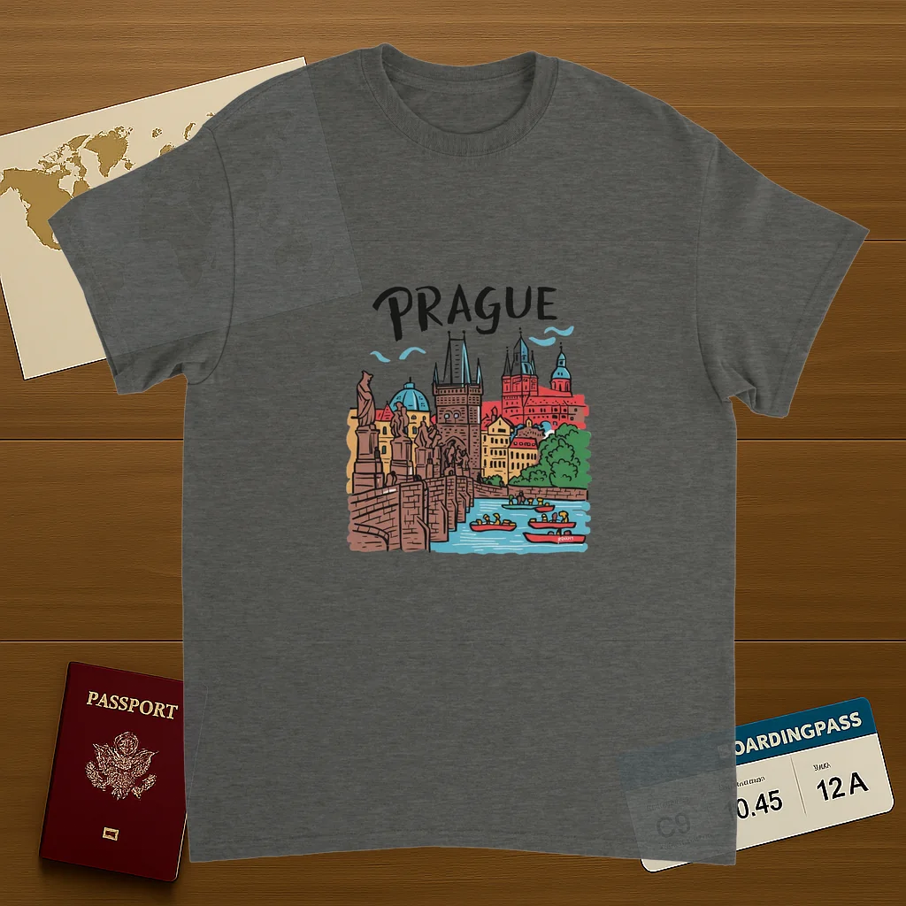 Prague Czechia Unisex Travel T-Shirt on wooden background with world map, passport, and boarding pass