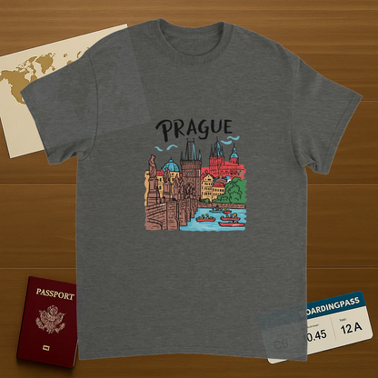 Prague Czechia Unisex Travel T-Shirt on wooden background with world map, passport, and boarding pass